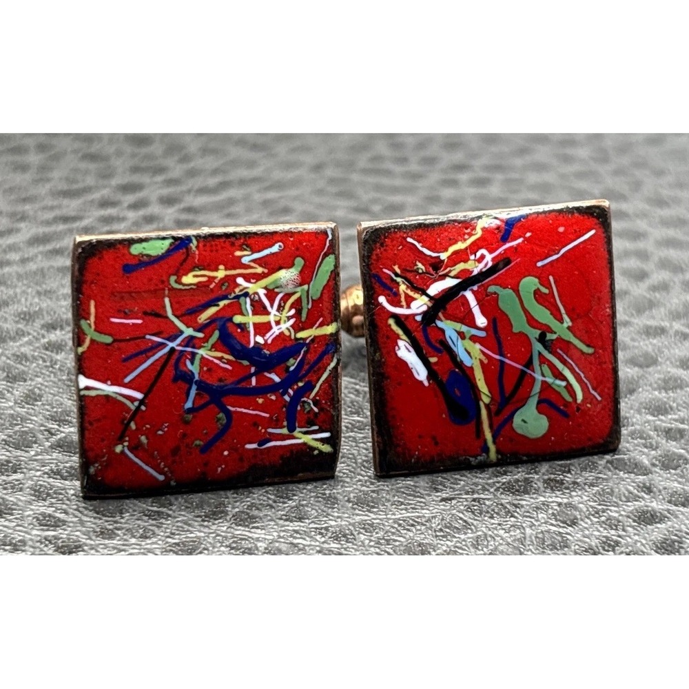 Vintage Modernist Red Enamel Abstract Copper Artist Cufflinks Gold Tone